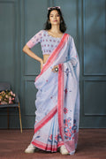 Blue bell bloom Linen Saree