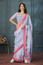 Blue bell bloom Linen Saree