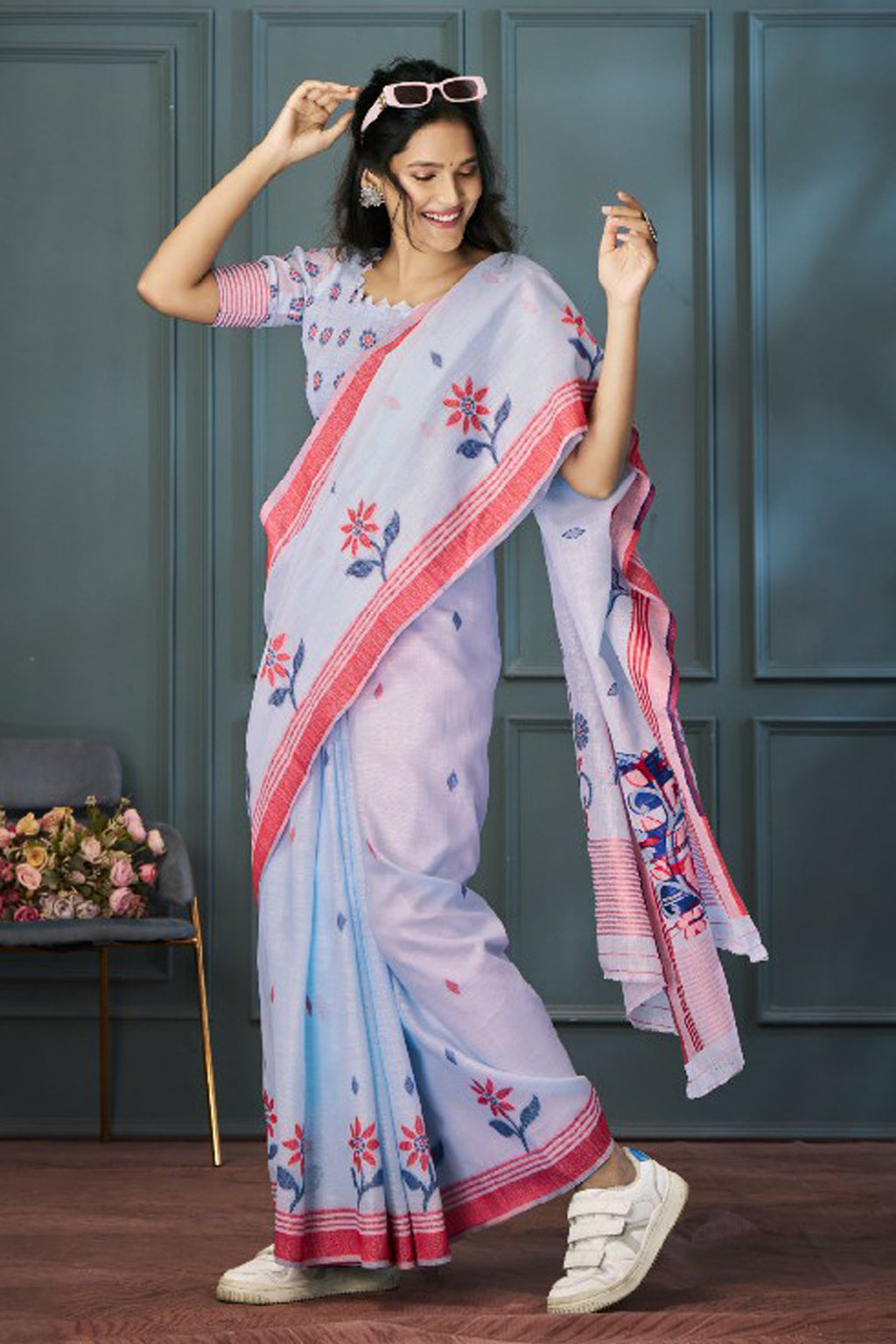 Blue bell bloom Linen Saree