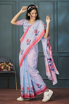 Blue bell bloom Linen Saree
