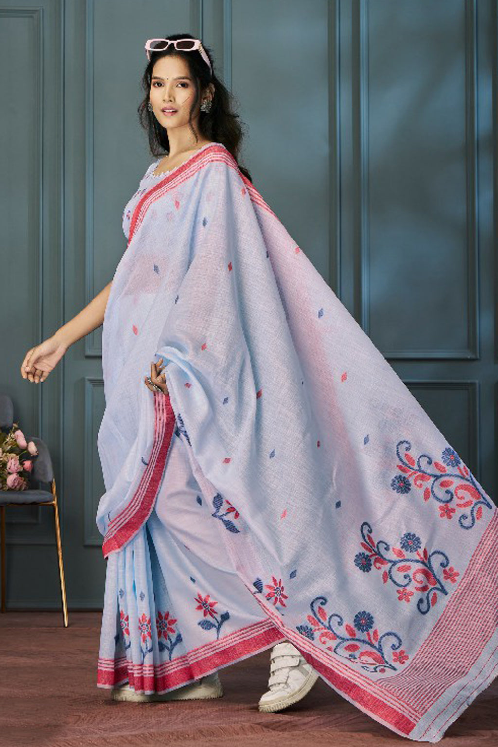 Blue bell bloom Linen Saree