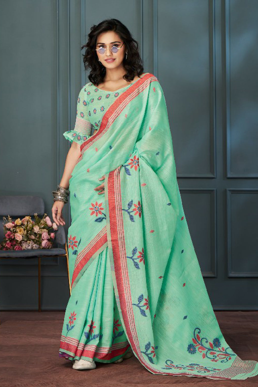 Mint Meadow Linen Saree