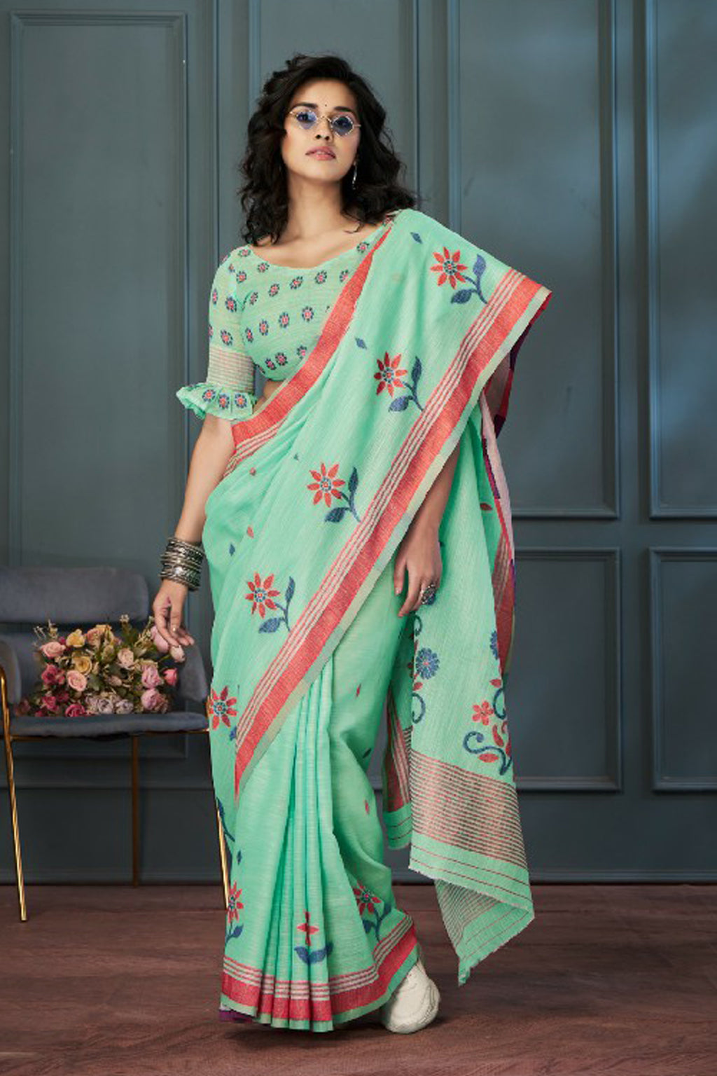 Mint Meadow Linen Saree