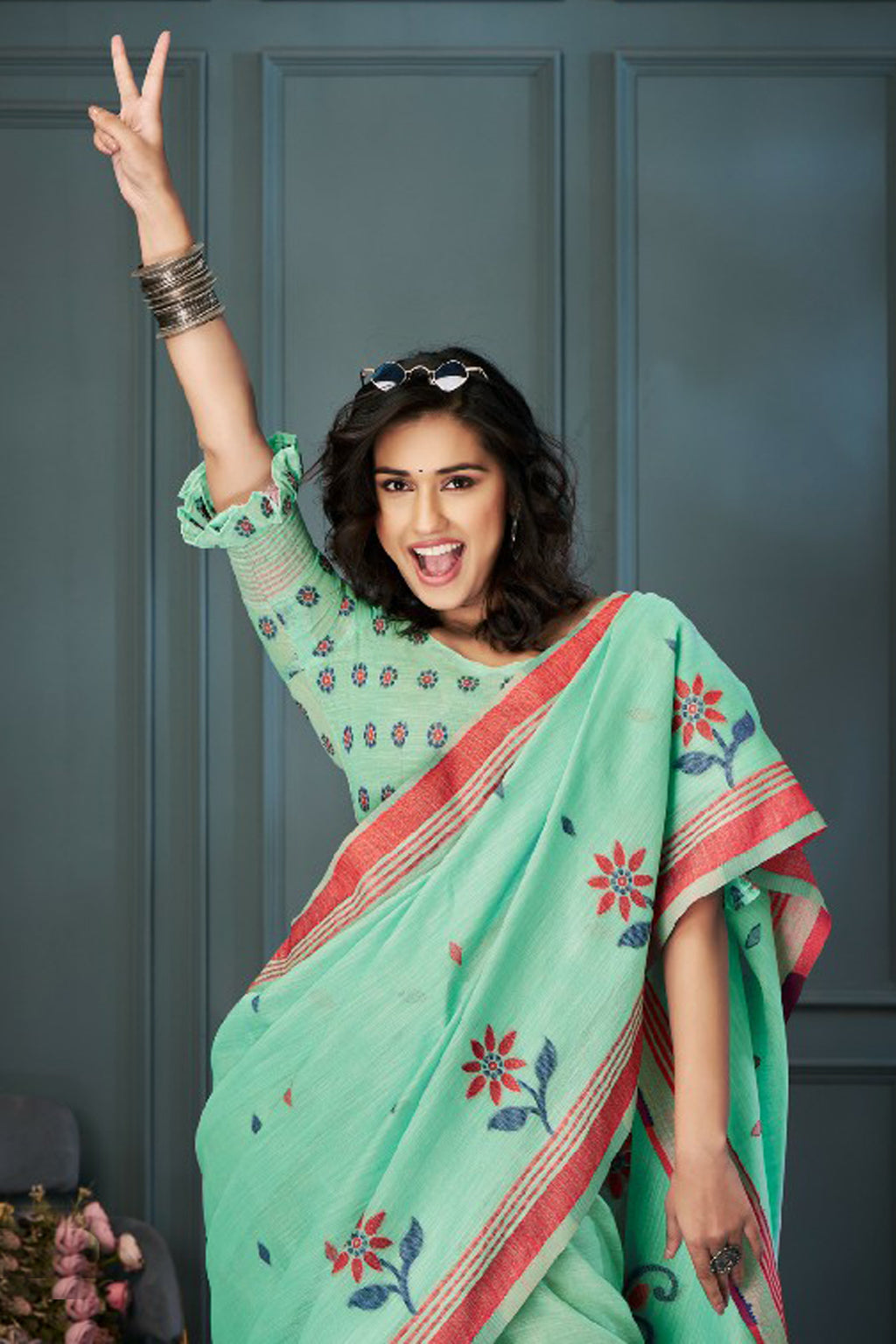 Mint Meadow Linen Saree