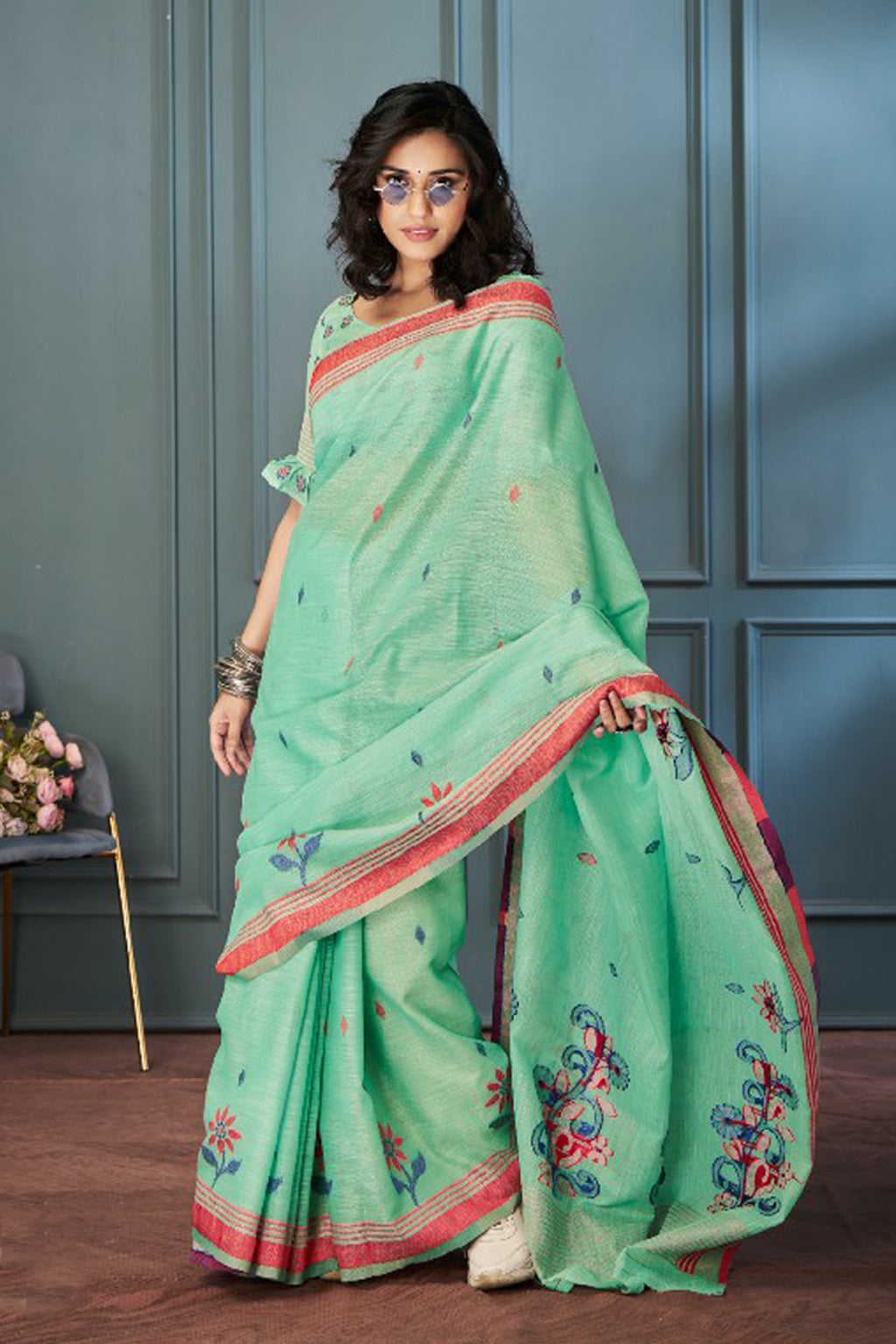 Mint Meadow Linen Saree