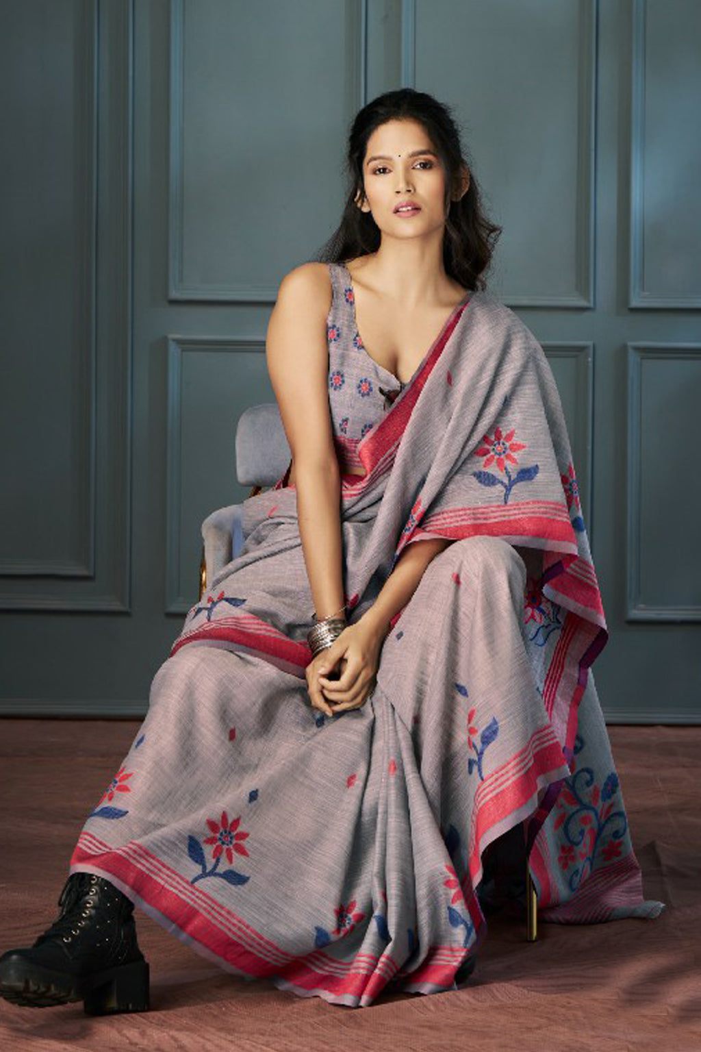 Moonstone Grey Linen Saree