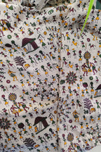 Beige warli printed cotton fabric