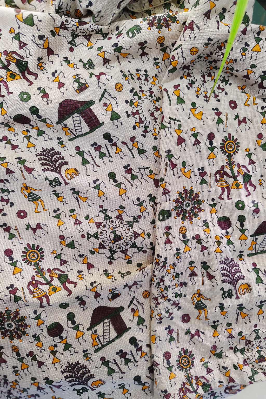 Beige warli printed cotton fabric
