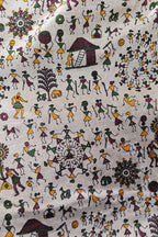 Beige warli printed cotton fabric