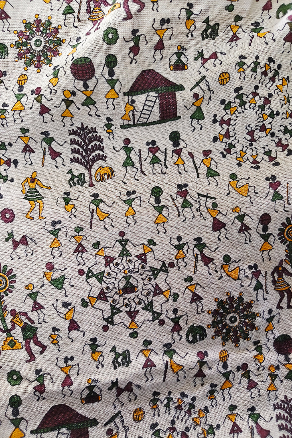 Beige warli printed cotton fabric