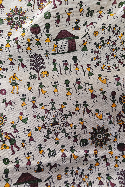 Beige warli printed cotton fabric